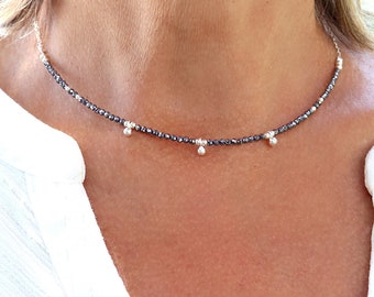 Necklace terahertz stones and silver beads on chain, necklace woman choker, gift