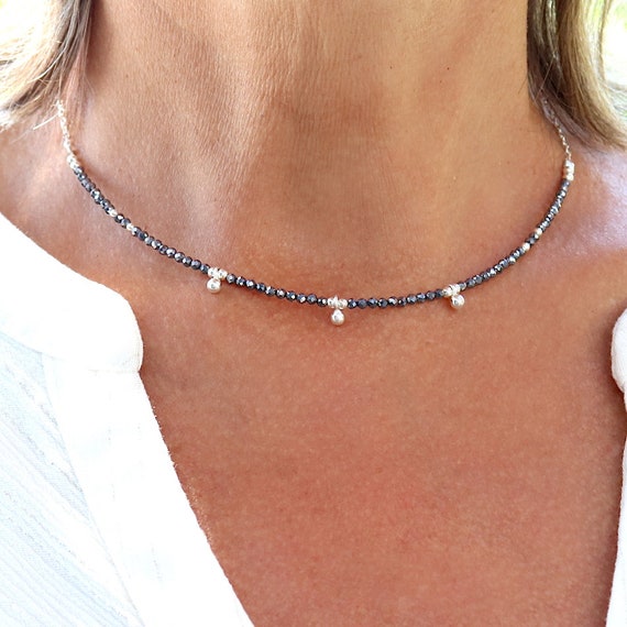 Necklace terahertz stones and silver beads on chain, necklace woman choker, gift