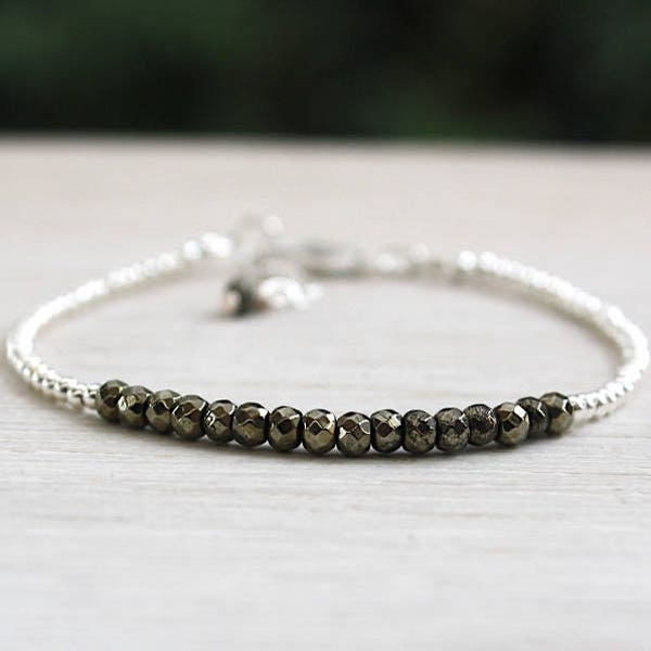 bracelet perles argent massif 925 et pierres de gemmes pyrite