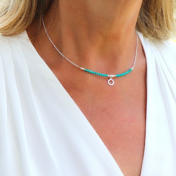 Natural turquoise stone necklace and sun pendant, solid silver chain necklace for women boho style
