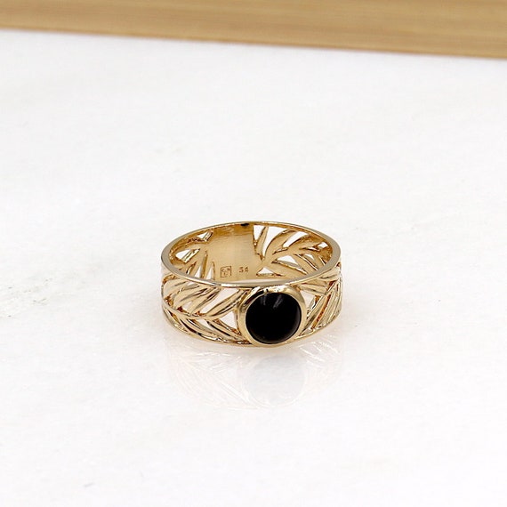 Bague Avec Pierre Noire En Plaqué Or Jaune - Occasion (usure Du Temps)