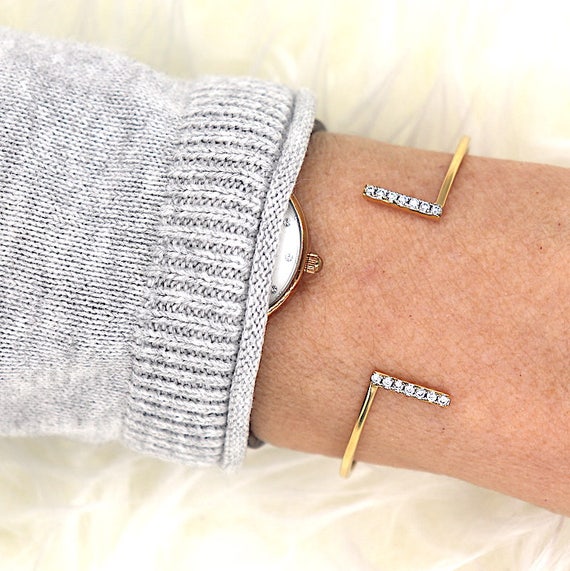 Bangle Bracelet gold plated bars and cubic zirconia