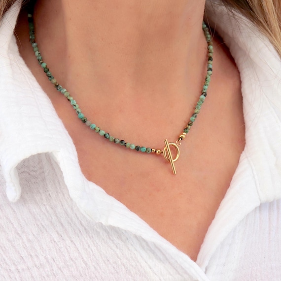 African turquoise stone necklace and steel T connector, gold women's  necklace in three sizes to choose from, women's gifts