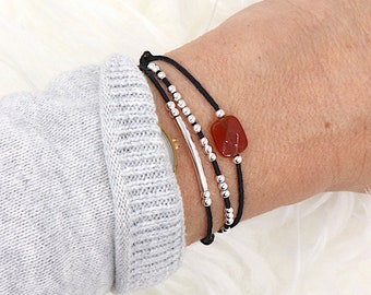 bracelet cordon trois tours agate rouge jonc et perles argent 925