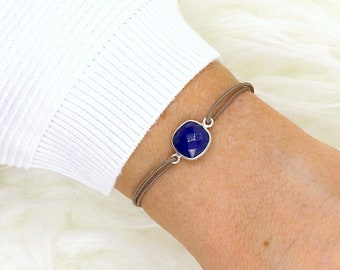 bracelet cordon pierre lapis lazuli sertie argent 925 pour femme