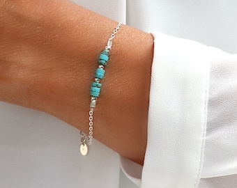 Bracelet femme,bracelet pierres turquoise naturelle sur chaine en argent massif