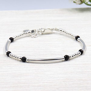 Armband met 3 armbanden, 925 zilveren kralen en zwarte agaatstenen