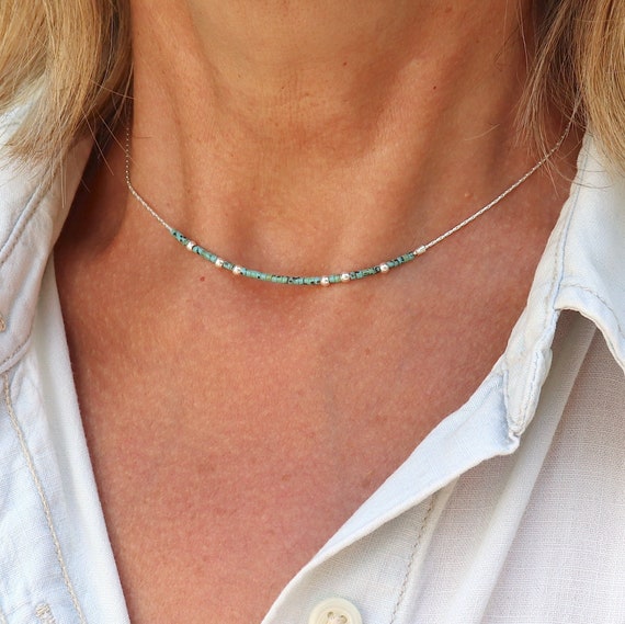 Fine solid silver chain choker necklace and marbled turquoise Miyuki beads, minimalist style women's necklace