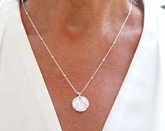 Hammered medal necklace on satellite chain, women's necklace in solid 925 silver