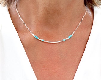 Collier jonc et pierres howlite turquoise sur chaine en argent,ras de cou femme argent massif