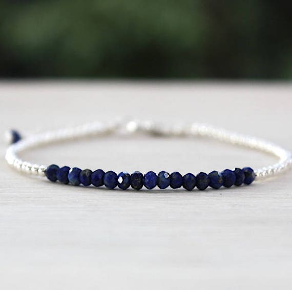bracelet anneau argent 925 et pierres de gemmes lapis lazuli sur chaine