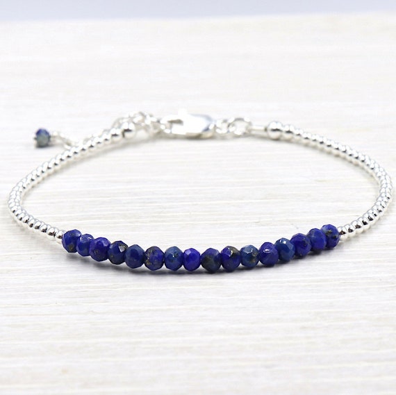bracelet anneau argent 925 et pierres de gemmes lapis lazuli sur chaine