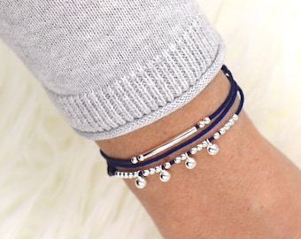 bracelet femme cordon trois tour perles et jonc en argent 925