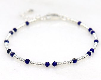 bracelet perles argent 925 et pierres facettées lapis lazuli femme