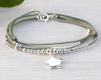 bracelet cord triple turns rush beads and star silver 925