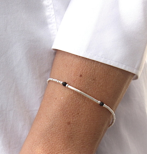 925 solid silver beaded bracelet and black agate gemstones