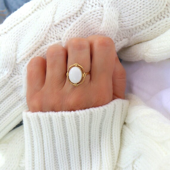 White stone golden stainless steel ring, natural stone women's adjustable ring, women's gifts