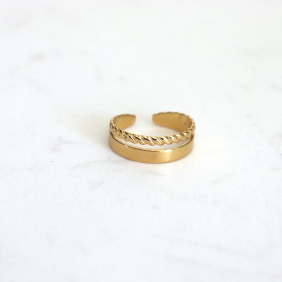 Gold stainless steel ring, adjustable two row ring, minimalist style women's ring, stackable ring