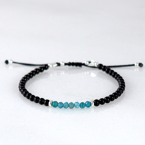 bracelet cordon fin agates rondes noires et apatites bleues facettées femme - bracelet minimaliste