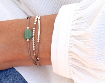 bracelet cordon trois tours pierre aventurine jonc et perles,bracelet femme argent massif