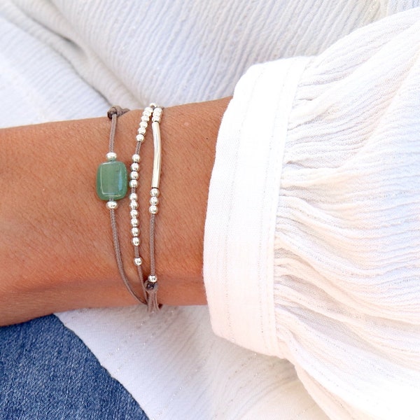 bracelet cordon trois tours pierre aventurine jonc et perles,bracelet femme argent massif