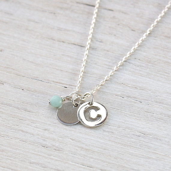 initial customizable necklace medal and amazonite stone on silver chain 925