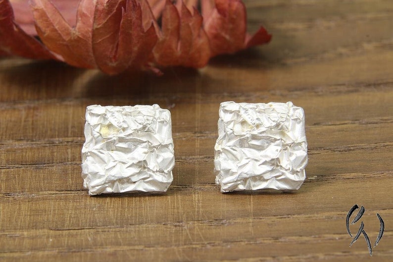 Stud earrings silver 925/, crumpled, square 11 x 11 mm image 1