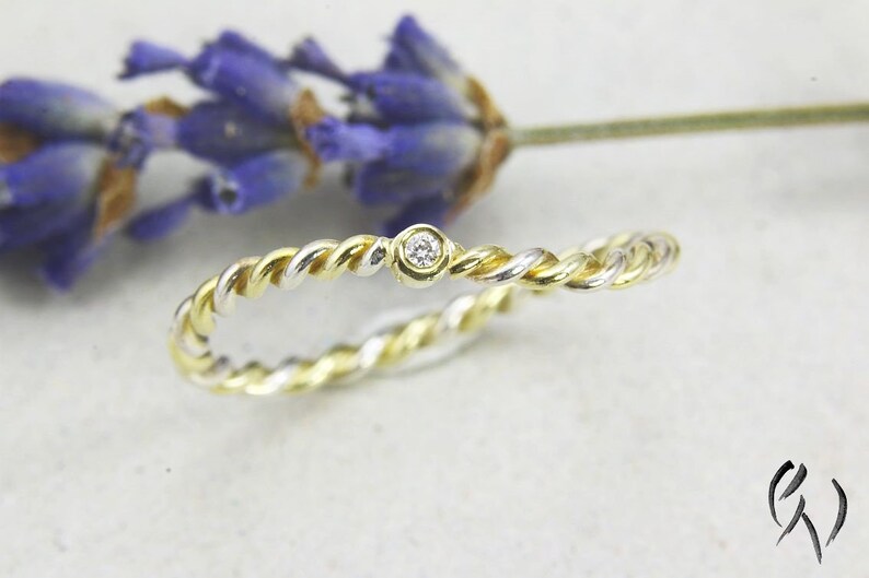 Ring Gold 585/ and Silver 925/ with mini-brilliant, delicate cord ring image 1