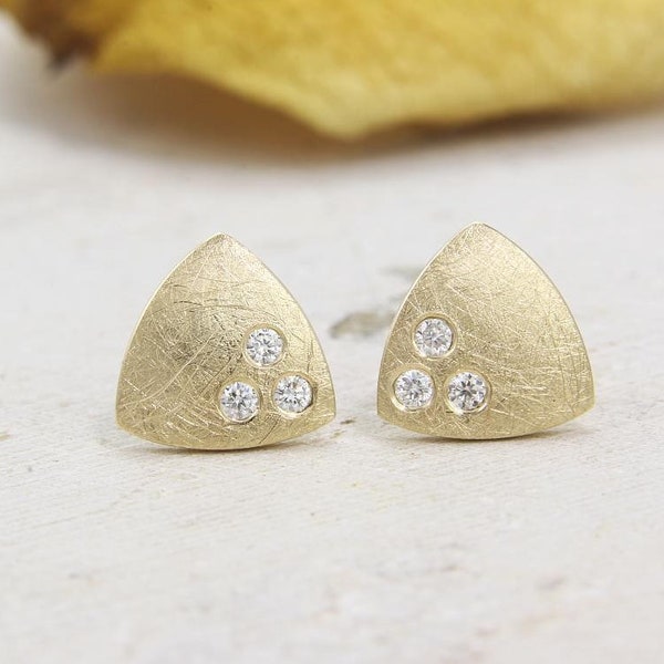 Earrings Rose Gold 585/- with diamonds, triangular matt scratched, handmade