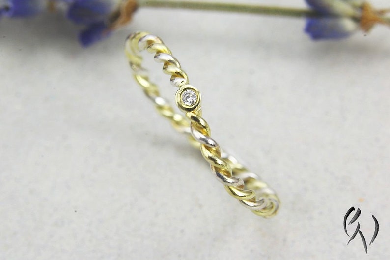 Ring Gold 585/ and Silver 925/ with mini-brilliant, delicate cord ring image 3