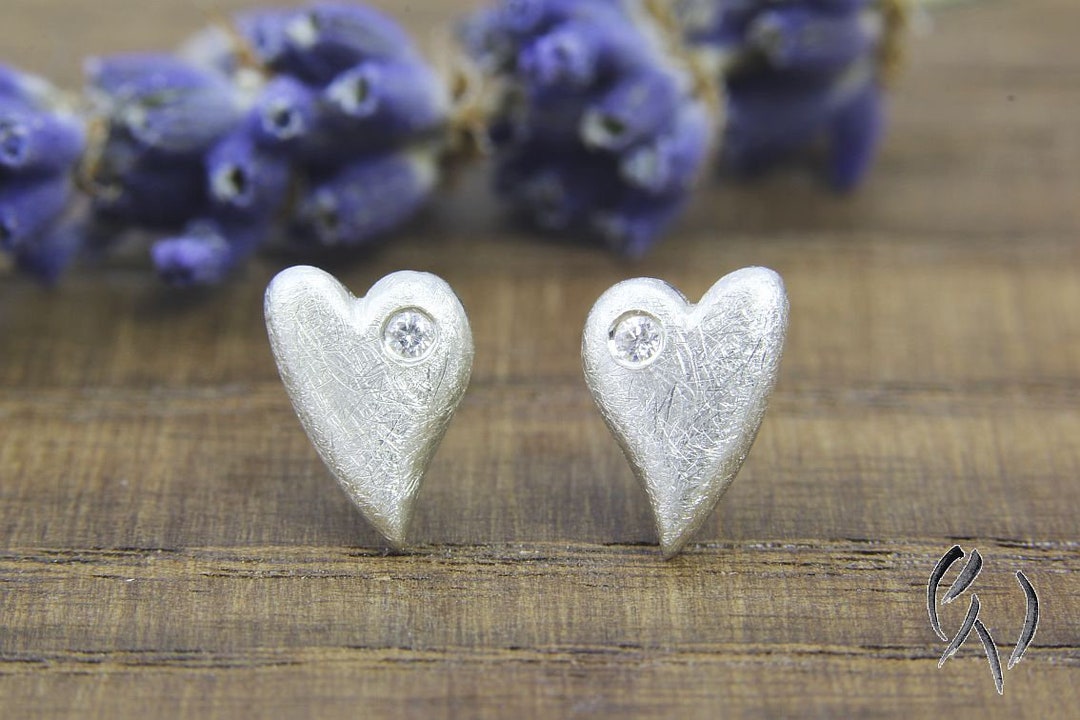 Studs Silver, Heart With Cubic Zirconia, Matte Scratched Etsy