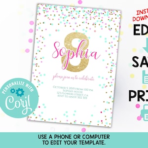 8th Birthday Invitation Editable Pink Gold Confetti Girl 8th Birthday Girl Birthday Invitation Template Confetti Invite Printable Download