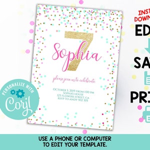 7th Birthday Invitation Editable Pink Gold Confetti Girl 7th Birthday Girl Birthday Invitation Template Confetti Invite Printable Download