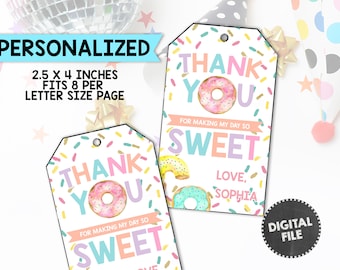 Donut Thank You Tags Donuts Favors Sprinkles tags Sweet Birthday Party Tags Donut Party Sweet Celebration Party Girls Personalized PRINTABLE