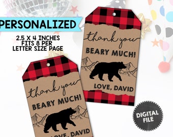 Flannel Thank You Tags Lumberjack Favors Bear Tags Bear Party Flannel Tags Rustic Kraft Paper First Birthday Boys Personalized PRINTABLE