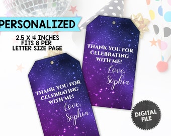 Galaxy Favor Tags Birthday Thank You Tags Stars Universe Favor Tags Purple Birthday Party Sparkle Gift Tag Personalized PRINTABLE