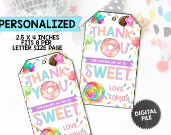 Candyland Thank You Tags Candies Favors Lolipop tags Sweet Birthday Party Tags Donut Party Sweet Celebration Girls Personalized PRINTABLE