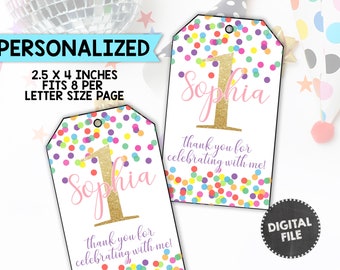 Girl 1st Birthday Thank You Tags Rainbow Confetti Favor Tags Gold Favor Tags Glitter First Birthday Party Gift Tag Personalized PRINTABLE