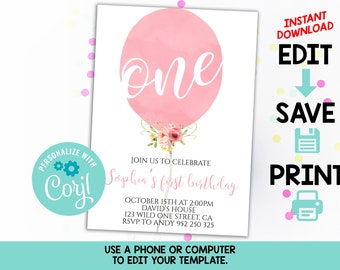 Pink Balloon Editable Invitation Girl 1st Birthday Invite Template First Invitation Birthday Invitations Download Printable DIY Invite Corjl