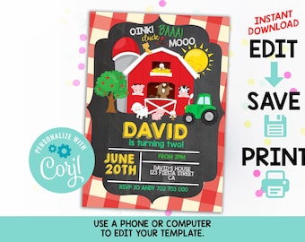 EDITABLE Invitación de cumpleaños de granja Animales de granja Pizarra Viejo McDonald invitar Barnyard PLANTILLA IMPRIMIBLE Descarga instantánea Boy Farm Invita