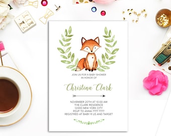 Fox Baby Shower Invitation Woodland Baby Shower invite Greenery Baby Shower invite Woodland Theme Invites Forest animals printable digital