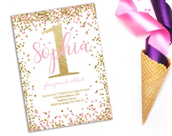 First Birthday Invitation Pink Gold Confetti Girl 1st birthday invite Pink Birthday Invitation Gold Birthday Invites Blush pink Glitter DIY