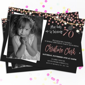 Adult Birthday Invitation Surprise Party Invite Rose Gold Women Old Photo Vintage Invitation with Photo 30 40 50 60 70 80 90 Picture Invite