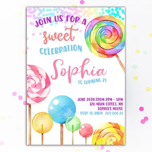 Candy land Birthday Invitation Sweet Candy Girl Birthday invitations Candyland birthday party invite Sweet Celebration Lollipop Printable