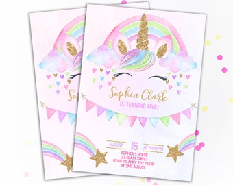 Unicorn Invitations Gold Glitter Blush Pink Unicorn Birthday Invitation Unicorn Party Invitation Rainbow Girl Birthday Inviter Imprimable