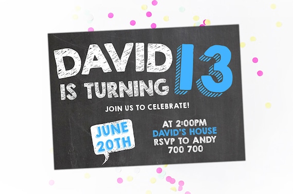 13th Boy Birthday Invitation Teen Birthday Invitation Boys Birthday Invite Chalkboard Chalk lettering Tween to Teen Printable Blue Party