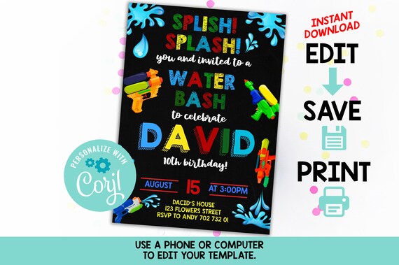 Editable Water Bash Boy Birthday Invitation Template Water Gun Etsy 日本
