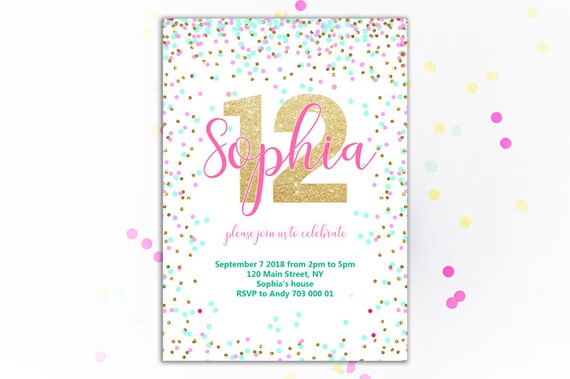 12th Birthday Invitation Pink Teal Gold Confetti Birthday Etsy
