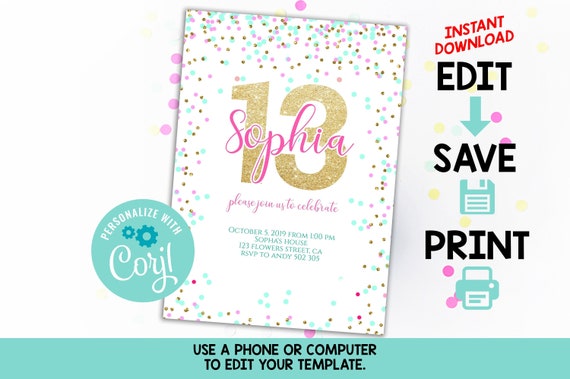 13th Birthday Invitation Editable Pink Gold Confetti Girl Teen Etsy
