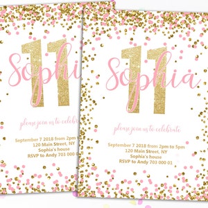 Puede incluir: Dos invitaciones id&eacute;nticas con fondo blanco, con detalles de purpurina dorada y confeti rosa. El n&uacute;mero "11" es en purpurina dorada, con el nombre "Sophia" en escritura rosa. Tambi&eacute;n se incluye el texto "please join us to celebrate".